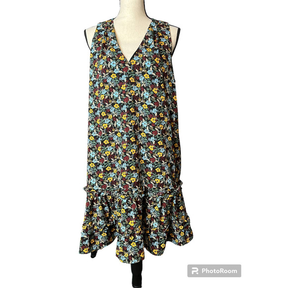 BCBG Paris Dress in Blue Yellow and Red Floral w/Ruffles at Hem Size Large - Picture 1 of 5